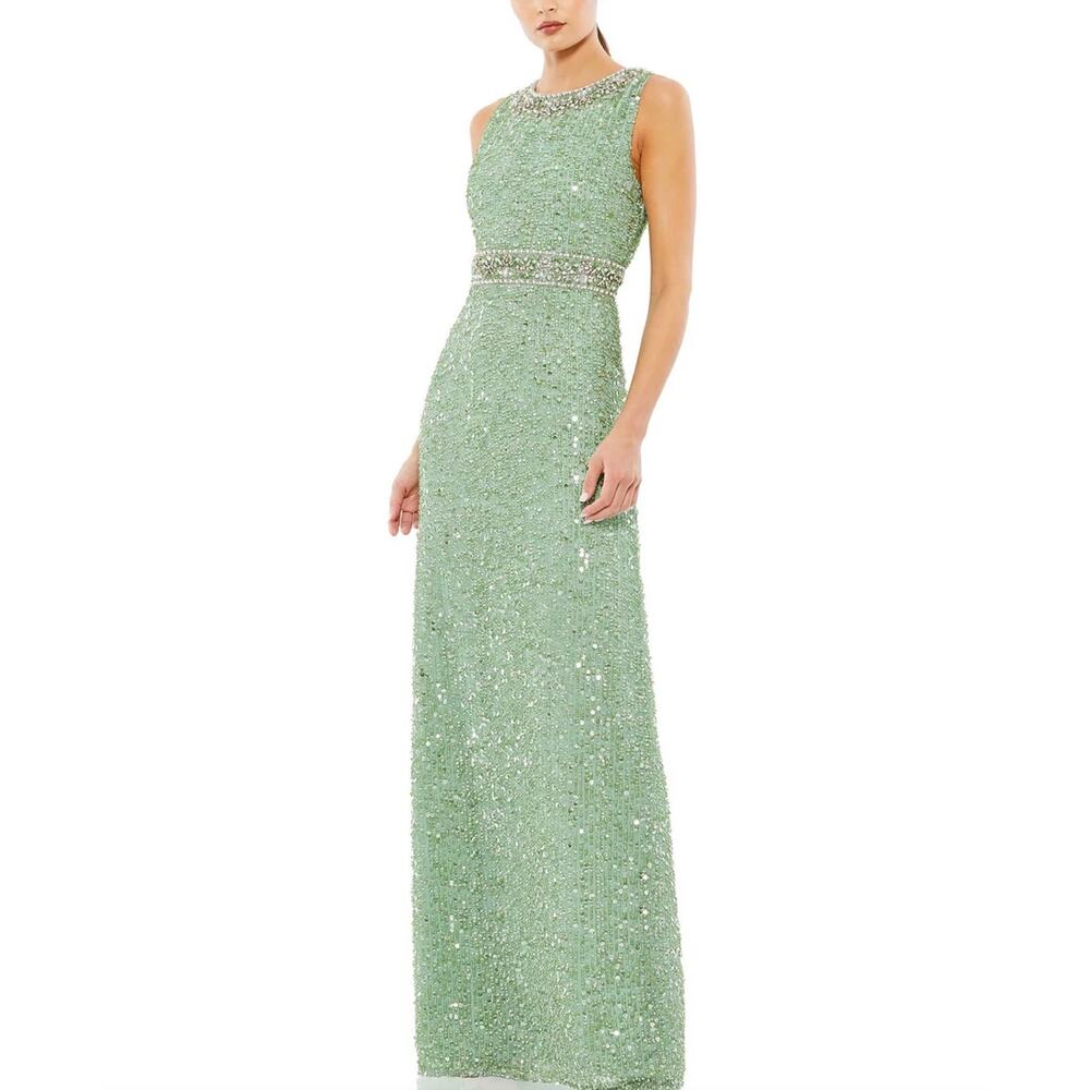 Mac Duggal 10839 Mint Green Evening Gown Sequin Sleeveless Column Dress Size 14